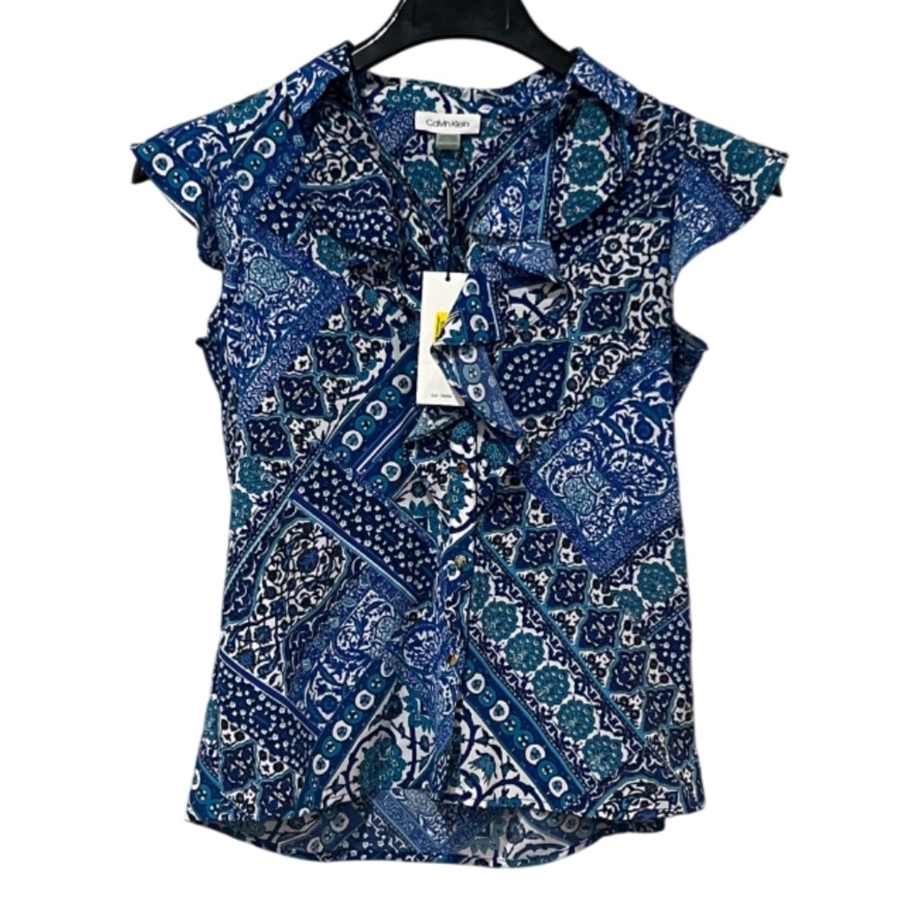 NWT Calvin Klein Blue and White Ruffle Fluttery Cap Sleeves Floral Shirt Sz PXS